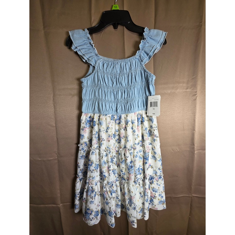 Lilt Girls Blue Ivory Floral Smocked Tiered Dress Flutter Sleeve Gold Fleck 7